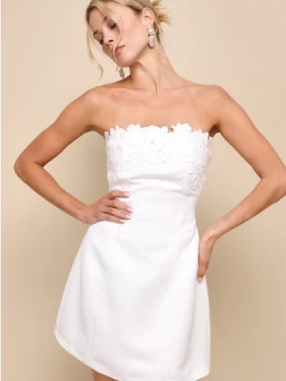 Lulu's White Strapless Lace Appliqué Mini Dress